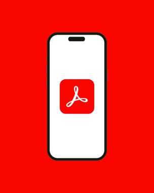 Kyiv, Ukrayna - 13 Haziran 2023: Adobe Acrobat logosu akıllı telefon iPhone 14 ekranında kırmızı arkaplan. Acrobat, Adobe Inc. 1993 tarafından PDF dosyalarını görüntülemek, oluşturmak ve yönetmek için geliştirilen bir yazılımdır.
