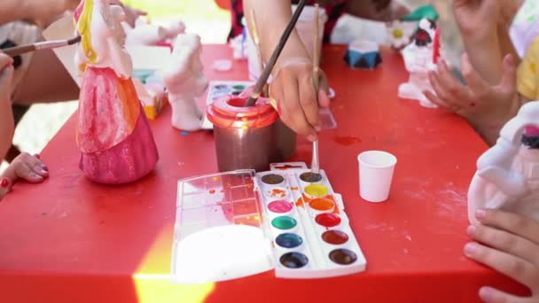 Preschool Children Sit Table Draws Colorful Paints Baby Hands Paint — Stock Video