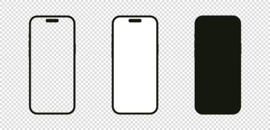 Kyiv, Ukrayna - 10 Temmuz 2023: Yeni nesil telefon modeli. İphone 15 Maksimum Pro vektör çizimi. Bilgi ve tasarım uygulaması için izole edilmiş şeffaf arkaplan ve kırpma yoluna sahip boş ekran