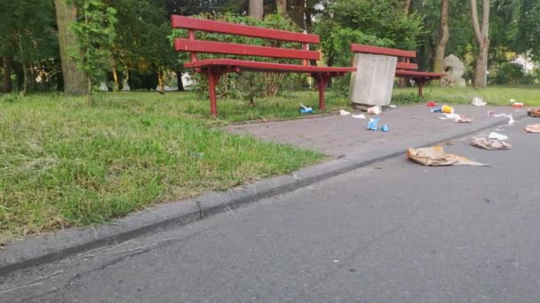 乌克兰Rivne 2023年7月11日 公园里的公共垃圾 麦当劳的纸袋和剩下的食物都是垃圾 垃圾散落在麦当劳餐厅附近的路上 — 图库视频影像