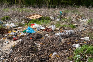 İnsan yapımı atık sorunu. Doğadaki iklim krizi, orman parkının yakınındaki arazi kirliliği. Kirli zemin, çöpleri dışarı atmak çevresel koruma gerektirir.