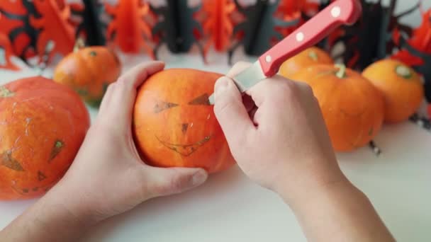 Close Van Mannelijke Handen Snijden Kleine Oranje Pompoen Voor Halloween — Stockvideo