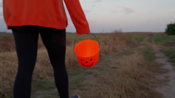 Dziewczyna Idzie Drogą Polową Koszem Kształcie Dyni Noc Halloween Koncepcja — Wideo stockowe
