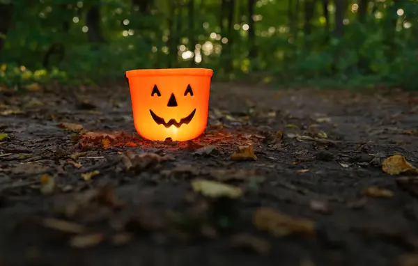 Konzept Zur Feier Von Halloween Oktober Ein Orangefarbener Halloween Eimer — Stockfoto