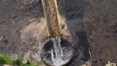Eski doğal su kaynağı paraşütte. Temiz, taze, doğal içme suyu ahşap bir kanaldan dökülür. Dağ pınar suyu bir ahşap oluktan akar. 4K 25FPS Nature video görüntüleri