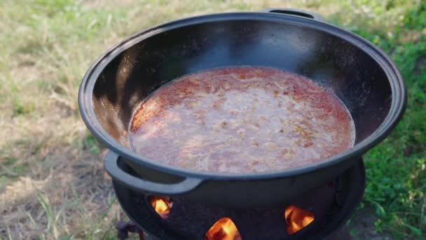 伝統的なハンガリーのバグチは 開いた火で沸騰します 屋外でトランスカルパティア料理を調理する オープンエアで調理されたカルドロンの伝統的なハンガリーのゴウラシ 肉とチリコショウの赤いホットスープ 4Kについて — ストック動画