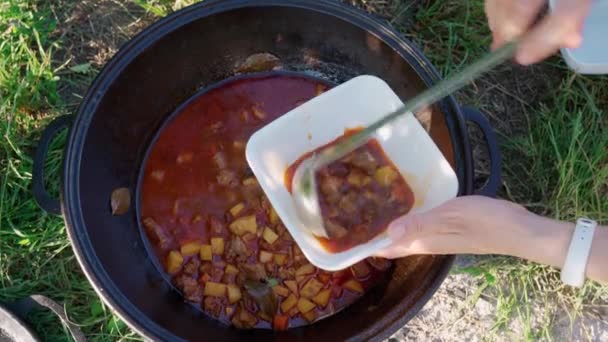 Cook Pours Red Pepper Soup Tomato Meat Disposable Plastic Bowl — Stock Video
