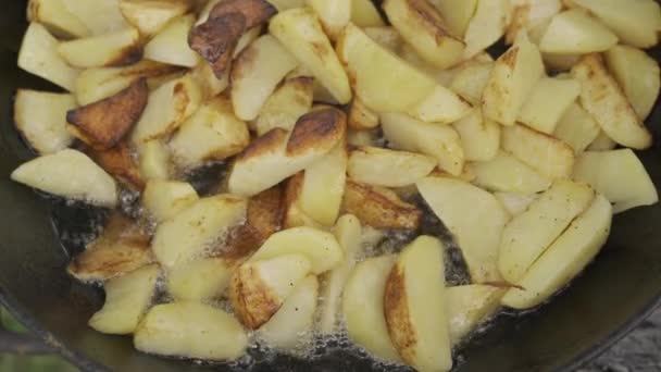 在室外厨房的电炉上 用滚热的油把炸薯条放在炸薯条里 把自制的炸薯条土豆放在锅里的头像 25Fps中的食品视频镜头 — 图库视频影像