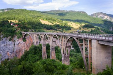Büyük kemerli bir köprü, arka planda yemyeşil ve görkemli dağlarla çevrili derin bir vadi boyunca uzanır.