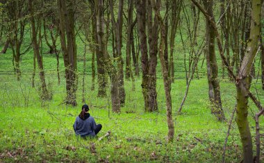 Bir kadın güneşli bir bahar ormanında huzur içinde, huzurlu atmosferin tadını çıkarıyor..