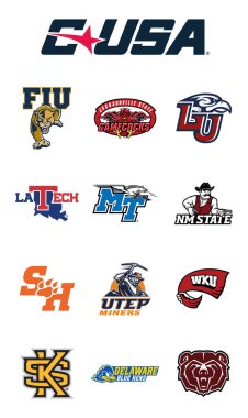 ABD Konferansı (CUSA) logosu ve NCAA 1. Güney ve Batı Amerika Birleşik Devletleri Şampiyonası 'na katılan üye üniversitelerin spor takımlarının logoları. New York, New York-ABD - Nisan 12025