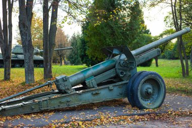 Paslı eski bir askeri top, sonbahar yapraklarıyla çevrili bir tankın yanında, yerde duruyor..