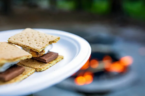 Smores White Plate Front Campfire — Stock Photo, Image