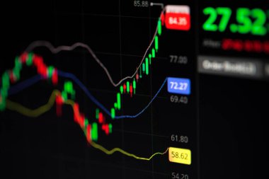 Mum çubuğu grafik tablosu, gösterge noktası, borsa veya borsa fiyatlarındaki artış eğilimi, yatırım ve mali konsept göstergesi