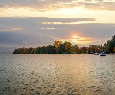 Autumn Alps mountain lake Attersee view, Salzkammergut, Upper Austria.