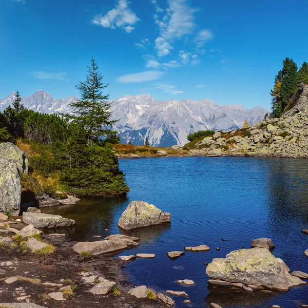 Outono Ensolarado Vista Alpina Lago Floresta Serrana Pacífica Com Água — Fotografia de Stock