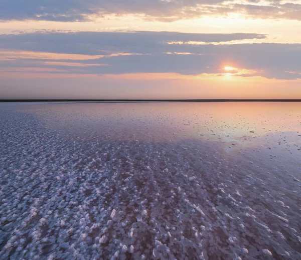 Zachód Słońca Różowym Genichesku Wyjątkowo Słone Jezioro Barwione Mikroalgami Osadzaniem — Zdjęcie stockowe