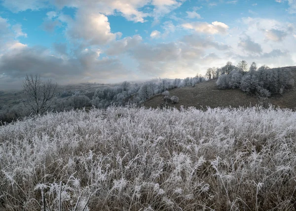 Έρχεται Χειμώνας Νεφελώδης Και Ομιχλώδης Πρωινό Πολύ Αργά Φθινόπωρο Βουνά — Φωτογραφία Αρχείου