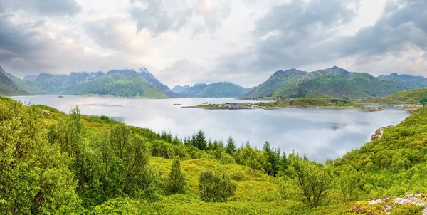 Lofoten Fjord Und Berge Sommerlich Bewölkte Landschaft Norwegen Panorama — Stockfoto