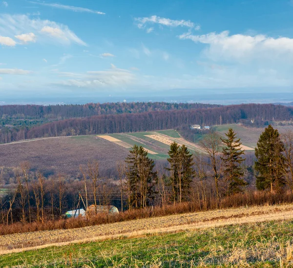 Lente Ochtend Landelijke Landschap Met Geploegd Agrarische Velden Heuvels Bomen — Stockfoto