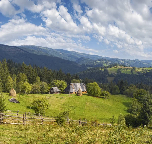 Letní Horské Zelené Glade Malým Statku Slavsko Vesnice Karpaty Mts — Stock fotografie
