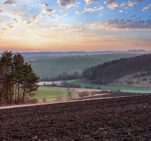 Spring Early Morning Rural Country Landscape Plowed Agricultural Fields Hills — Stock Photo, Image