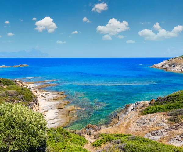 Summer Stony Sea Coast Landscape Atthos Mount View Far Halkidiki — Stock Photo, Image