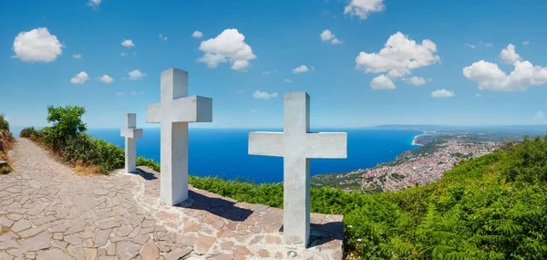 Letni Malowniczy Tyrreński Widok Morze Kalabryjskie Wybrzeża Monte Sant Elia — Zdjęcie stockowe