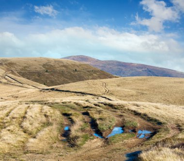sabah, köy yolunda sonbahar yatay Karpat Dağları (Ukrayna).