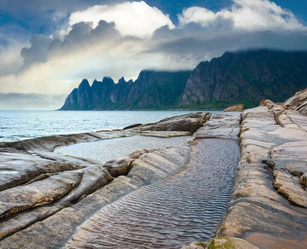 Summer Night Coast Dragon Teeth Rock Jagged Ersfjord Senja Norway — Stock Photo, Image