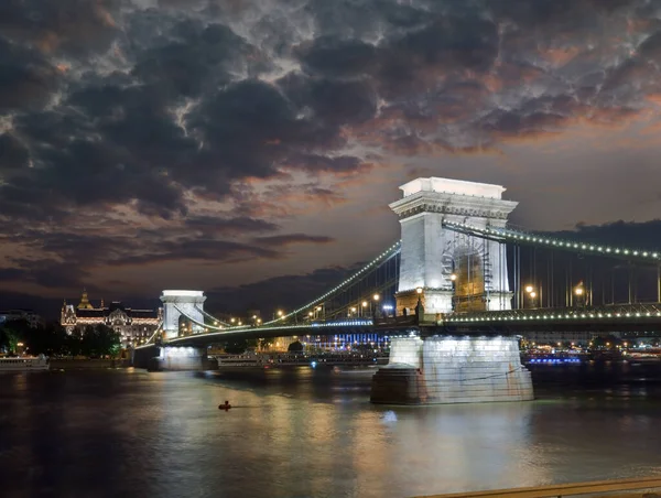 Hungarian Landmark Budapest Chain Bridge Night View Long Exposure — Stock Photo, Image