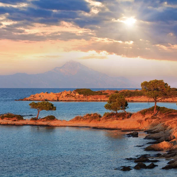 Egeïsche Zee Kust Landschap Zonsondergang Uitzicht Vanaf Karidi Beach Chalkidiki — Stockfoto
