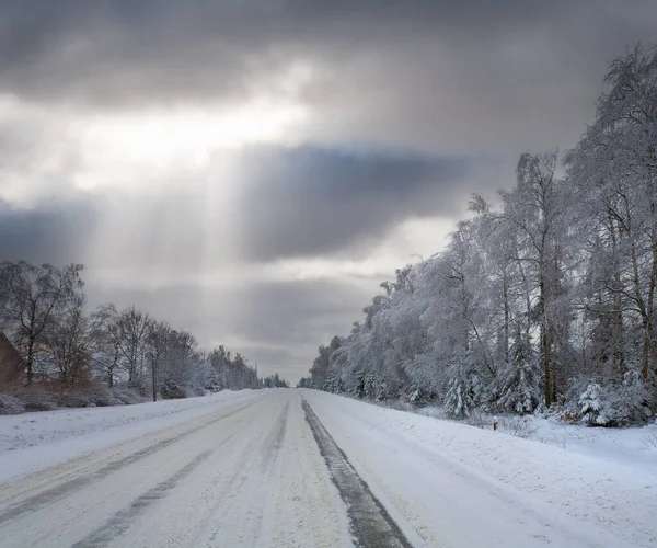 Winter Landscape Ice Covered Road Trees Side Road Sunrays Cloudy — Photo