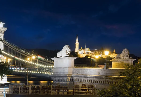 Repère Hongrois Budapest Chain Bridge Vue Nuit Longue Exposition — Photo