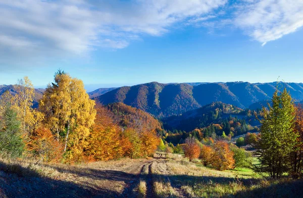 Soleado Panorama Montaña Otoñal Con Árboles Coloridos Carretera Rural Ladera —  Fotos de Stock