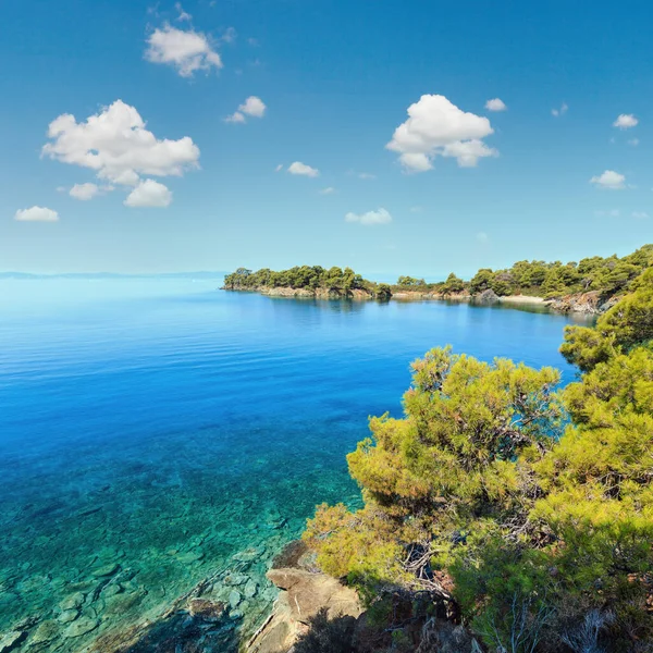 早上夏天爱琴海与在岸和小的海滩 松树遮阳伞和 基里亚基 哈尔基迪基 — 图库照片