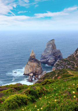 Bulutlu havalarda Atlantik Okyanusu kıyısında (Granit kayalar ve deniz kayalıklarla). Cape Roca (Cabo da Roca), Portekiz görüntülemek.