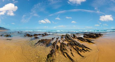 Kaya oluşumları kum plajındaki (Algarve, Costa Vicentina, Portekiz). Yaz Atlantik Okyanusu kıyısında panorama.