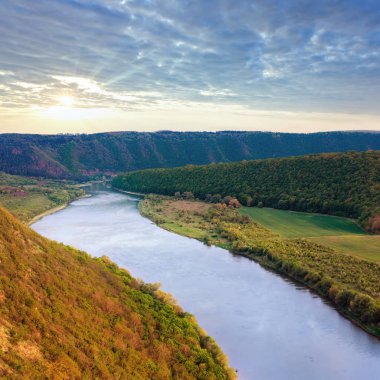 Top picturesque spring view of the Dnister river bend canyon. Ternopil region, Ukraine, Europe. Peoples unrecognizable.
