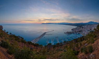 Early morning view to Tyrrenian sea bay, Castellammare del Golfo and Alcamo town and pier from Localita Belvedere Castellammare del Golfo (Trapani region, Sicily, Italy).