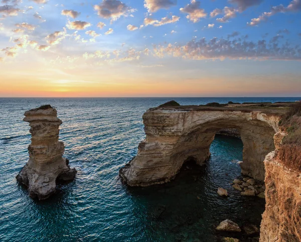 Twilight Seascape Cliffs Rocky Arch Stacks Faraglioni Torre Sant Andrea — Stock Photo, Image