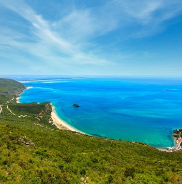 Yaz deniz kıyı, yatay Portinho kumsalı. Doğa Park Arrabida Setubal, Portekiz üzerinden Üstten Görünüm.