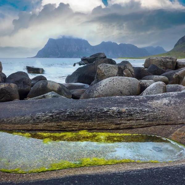 Haukland Kamenitou Pláž Letní Pohled Norsko Lofoty — Stock fotografie