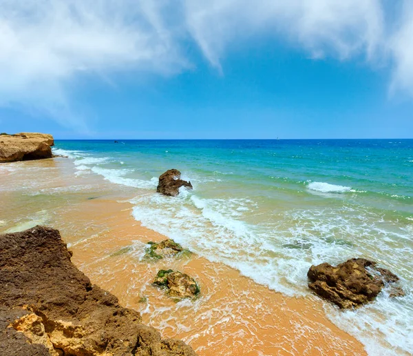 stock image Rocks on summer sandy Albufeira beach (Algarve, Portugal).