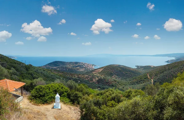 Summer Aegean Sea Coast Top Panorama View Pyrgadikia Village Shore — Stock Photo, Image