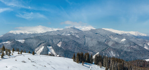 Picturesque snowy winter Skupova mountain slope and lone farmhouse on plateau farmstead, Carpathian, Ukraine, Verkhovyna district. Chornohora ridge and Pip Ivan mountain top in clouds behind.