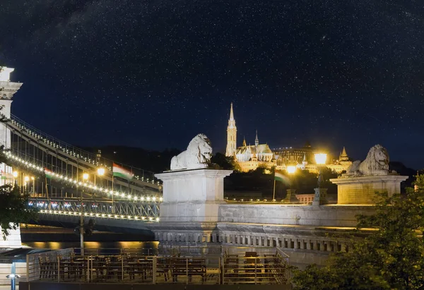 Monumento Húngaro Budapest Chain Bridge Vista Nocturna Larga Exposición —  Fotos de Stock