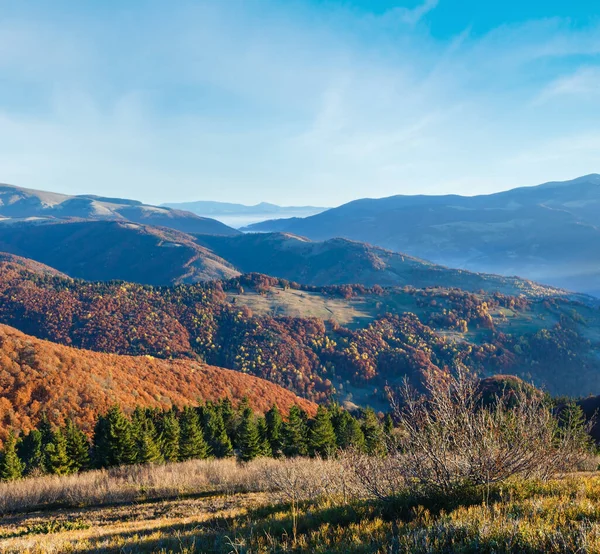 Morgennebel Den Herbstlichen Karpaten Berggipfel Tagesausflug Landschaft Mit Bunten Bäumen — Stockfoto
