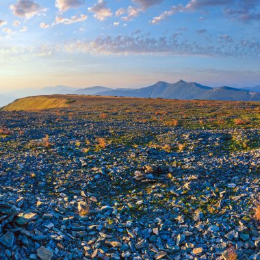 Yaz sabahı Karpat dağ üst görünümden taşlı zirvesine Ihrovets Dağı (Gorgany, Ukrayna).