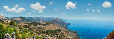 View from San Biagio mountain on ancient town ruins and Tyrrhenian sea coast near Maratea, Basilicata, Italy